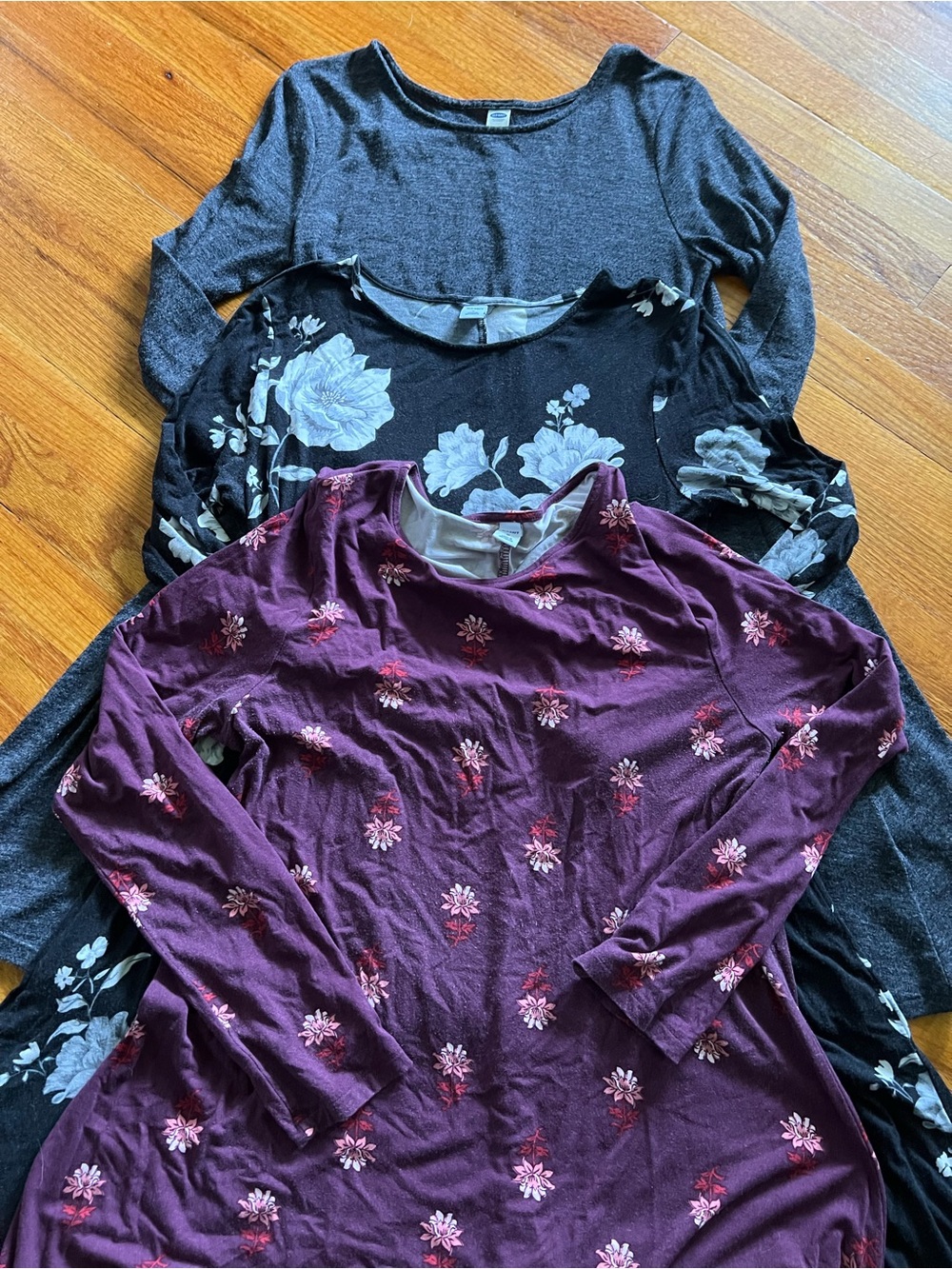 3-Pack Long Sleeve Swing - Plum Floral, Black Floral, Heather Gray